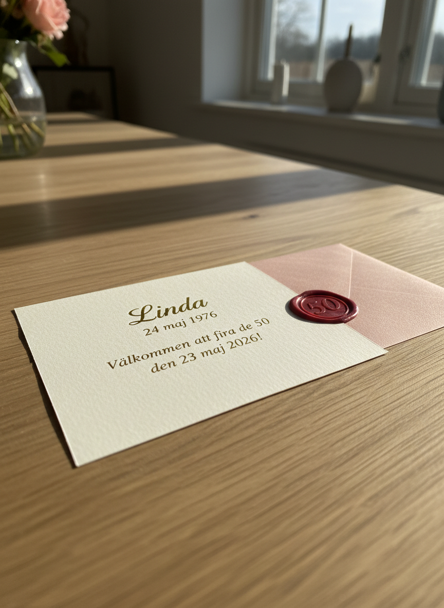 A close-up of an elegant birthday invitation card for a 50-årsfest, printed on thick, textured ivory paper with embossed gold foil text reading “Linda 24 maj 1976” and “Välkommen att fira de 50 den 23 maj 2026!”. The card rests slightly askew on a light oak table alongside a matching blush-pink envelope sealed with a glossy wax stamp bearing the number 50. Afternoon window light falls diagonally across the scene, casting soft shadows and a cozy glow. Photographic realism, captured at a slight angle with shallow depth of field, making the invitation the sharp focal point while the background gently blurs, creating an inviting, celebratory atmosphere.