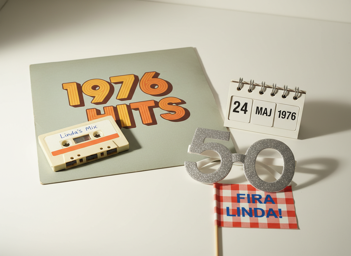 A nostalgic, playful still life celebrating the year 1976, arranged on a smooth white surface: a vintage-style vinyl record sleeve titled “1976 Hits” in bold retro typography, a classic cassette tape, and a small decorative flip calendar displaying the date “24 maj 1976”. Nearby lies a pair of oversized, glittery “50” glasses and a tiny flag reading “Fira Linda!”. Soft, diffused daylight from the left creates gentle shadows and highlights the varied textures of paper, plastic, and metallic glitter. Photographic realism, composed with rule of thirds and a shallow depth of field so the central objects are razor sharp while the background gracefully fades, evoking playful nostalgia for the jubilar’s birth year.