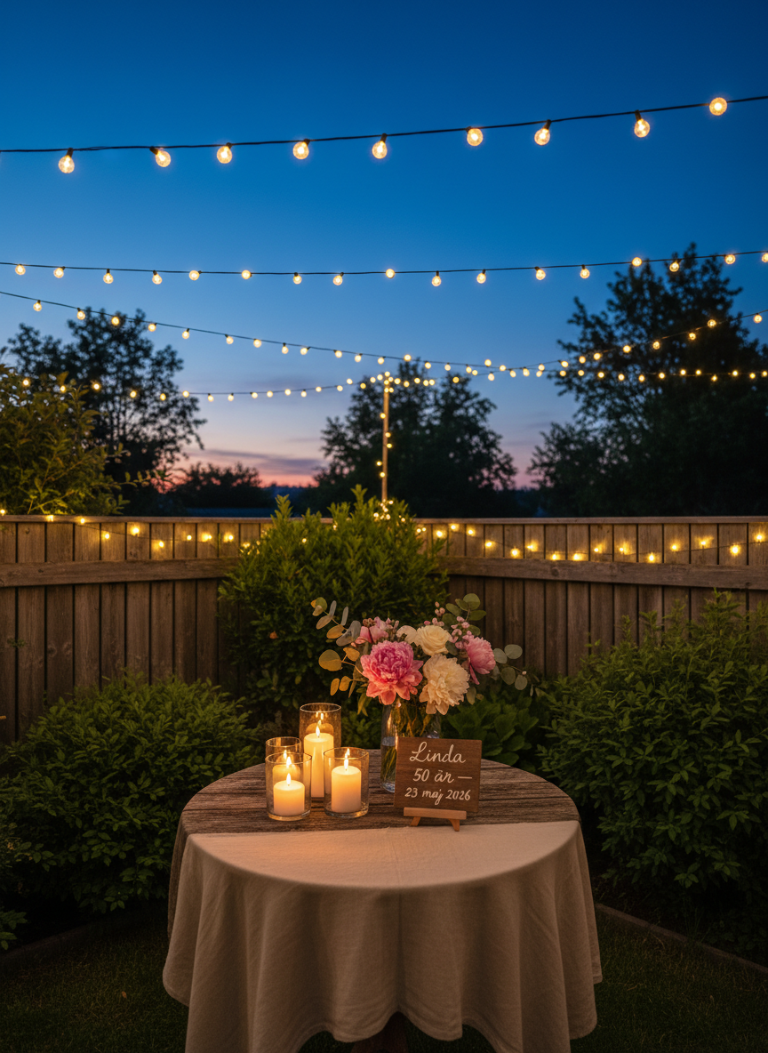 A whimsical outdoor evening party scene without people, showcasing a cozy garden corner decorated for a 50-årsfest. A round wooden table is covered with a light linen cloth, holding a cluster of flickering pillar candles in glass holders, a clear vase filled with blush and white flowers, and a simple wooden sign hand-lettered with “Linda 50 år – 23 maj 2026”. Above, strings of warm fairy lights crisscross, casting a soft, romantic glow over nearby shrubs and a weathered fence. Photographic realism, captured at twilight with rich, deep blues in the sky and warm highlights from the lights, creating an intimate, magical, and playful celebration atmosphere.