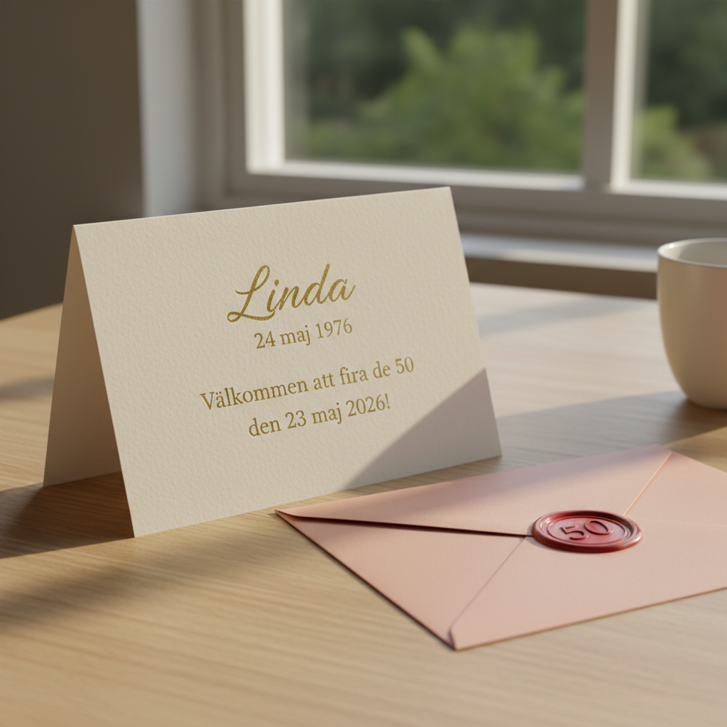 A close-up of an elegant birthday invitation card for a 50-årsfest, printed on thick, textured ivory paper with embossed gold foil text reading “Linda 24 maj 1976” and “Välkommen att fira de 50 den 23 maj 2026!”. The card rests slightly askew on a light oak table alongside a matching blush-pink envelope sealed with a glossy wax stamp bearing the number 50. Afternoon window light falls diagonally across the scene, casting soft shadows and a cozy glow. Photographic realism, captured at a slight angle with shallow depth of field, making the invitation the sharp focal point while the background gently blurs, creating an inviting, celebratory atmosphere.