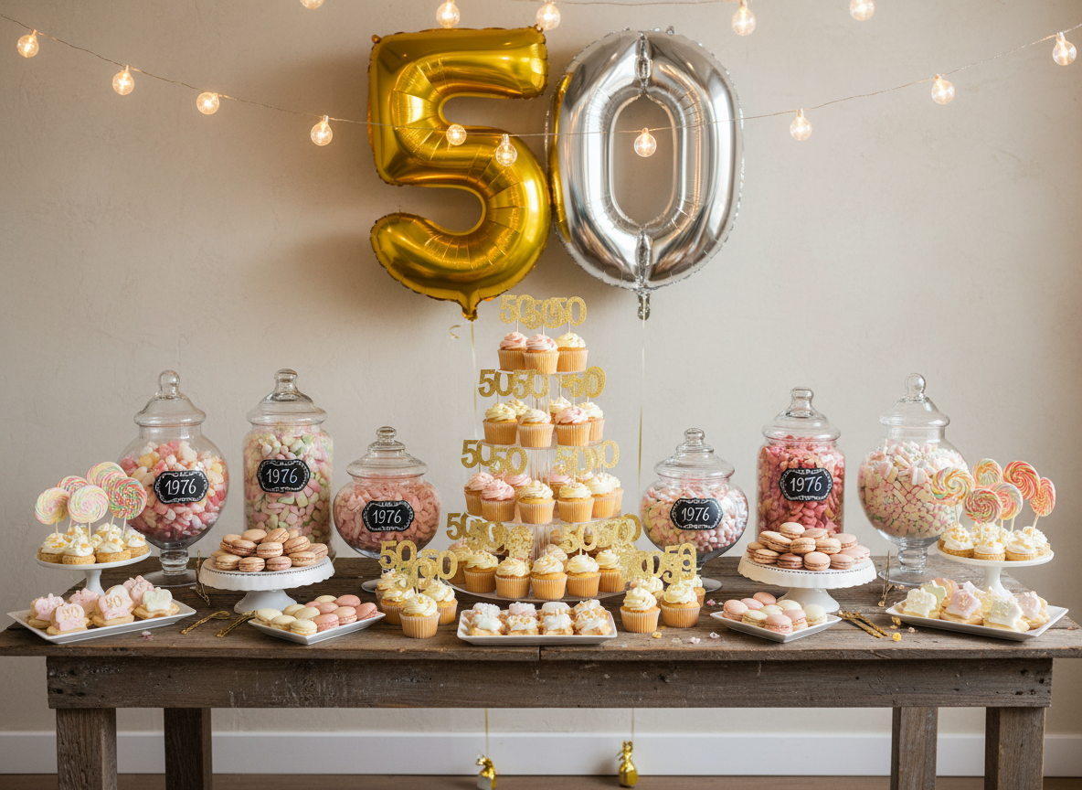 A cheerful dessert buffet setup for a 50th celebration, featuring a long rustic wooden table laden with meticulously arranged treats: towering glass jars filled with pastel candies labeled “1976”, delicate macarons in shades of pink and cream, and a tiered cupcake stand topped with glittery “50” toppers. Behind the table, a large, metallic balloon arrangement spelling “50” floats against a soft, neutral wall. Warm string lights cast a twinkling, golden glow that reflects off glass and metal surfaces. Photographic realism, shot at eye level with a slight wide-angle lens to capture the full spread, creating an energetic yet tasteful party atmosphere perfect for a playful jubilee.