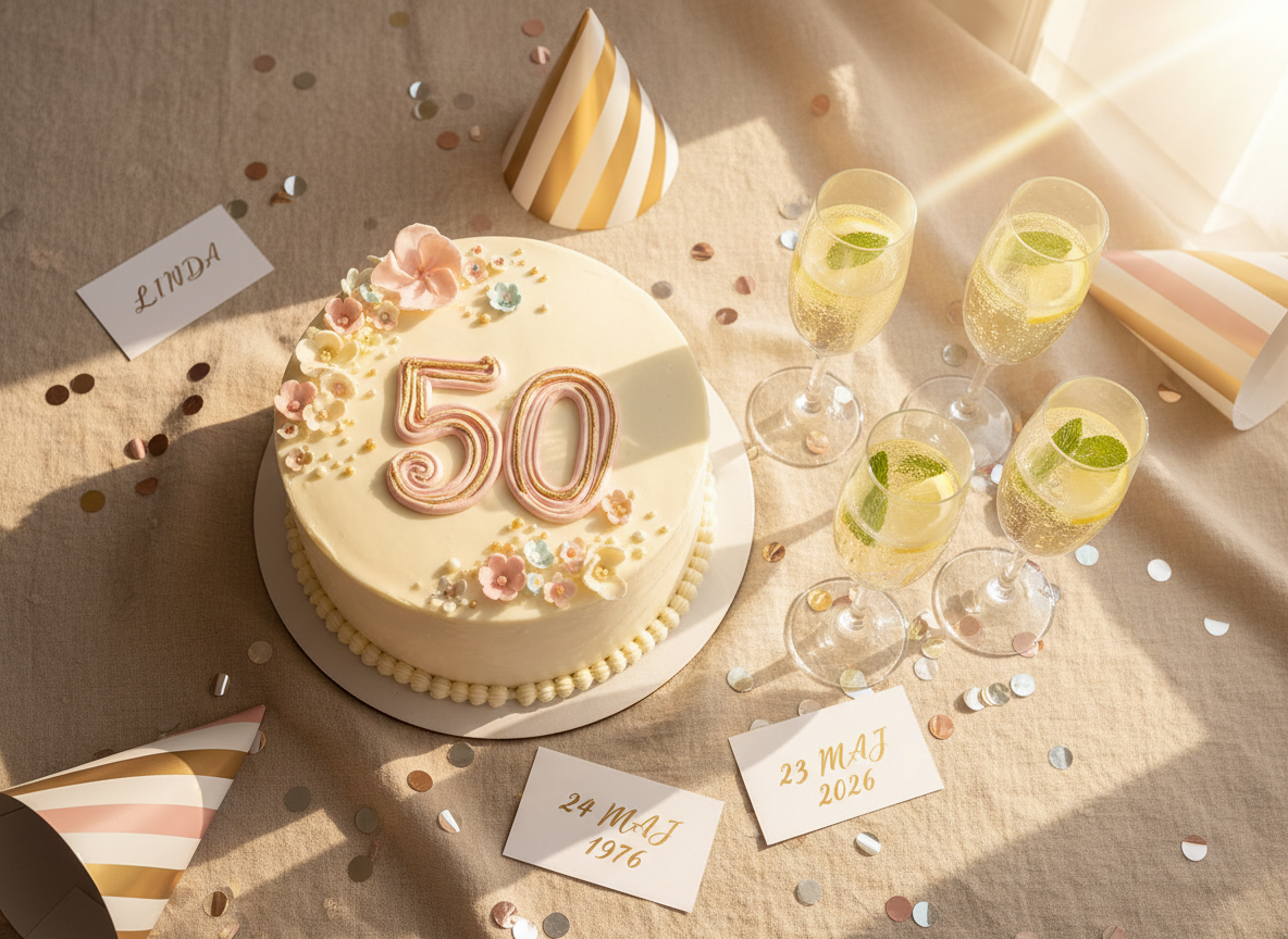 A playful flat-lay of a 50th birthday celebration table prepared for “Linda 24 maj 1976”, with a large, glossy white cake decorated in pastel pink and gold frosting numbers “50” at the center. Around it lie shimmering confetti in metallic rose, gold and silver, striped party hats, and clinking crystal glasses filled with sparkling elderflower drink. The tablecloth is soft linen in warm beige, lit by golden hour sunlight streaming through an unseen window, creating gentle reflections in the glassware. Photographic realism, shot from a bird’s-eye view with crisp detail, colorful and vibrant, evoking joyful anticipation for the 23 maj 2026 party while keeping the scene stylish and modern.